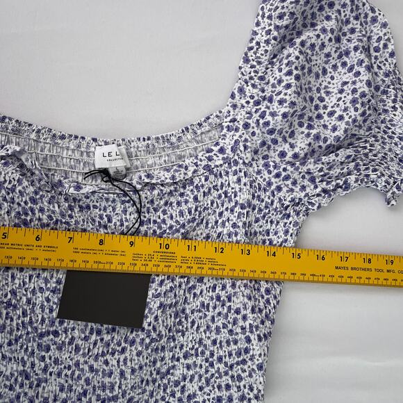 NWT Le Lis Smocked Puff Sleeve Crop Top White Purple Women's Size Large - Picture 10 of 13
